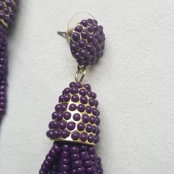 Plum Purple Beaded Tassel Statement Post Earrings in Goldtone like Baublebar - Picture 2 of 5